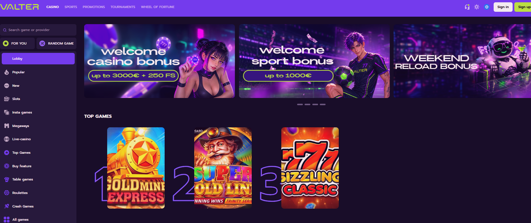 Valter Casino lobby overview